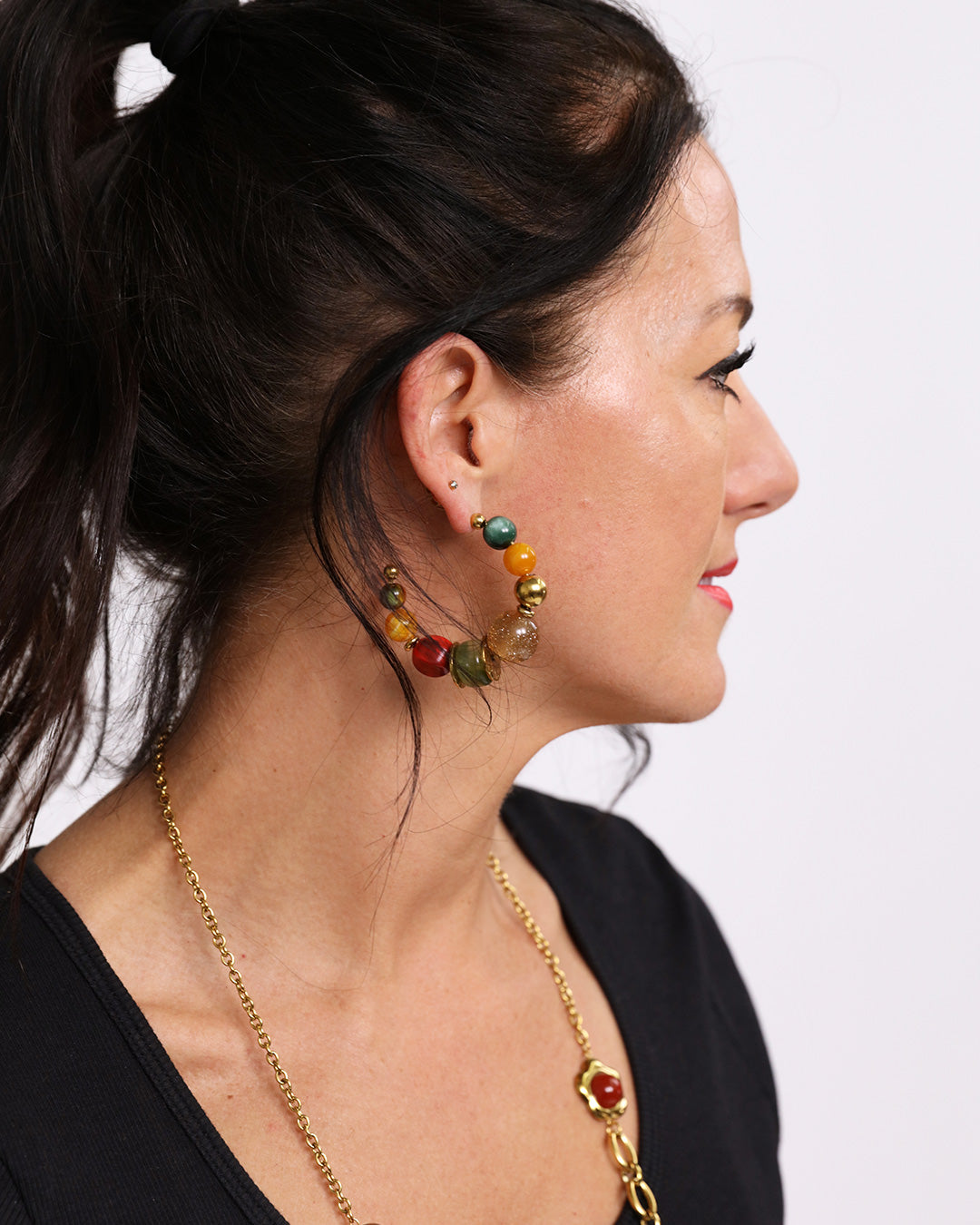 Beaded C shape Earrings - Multi