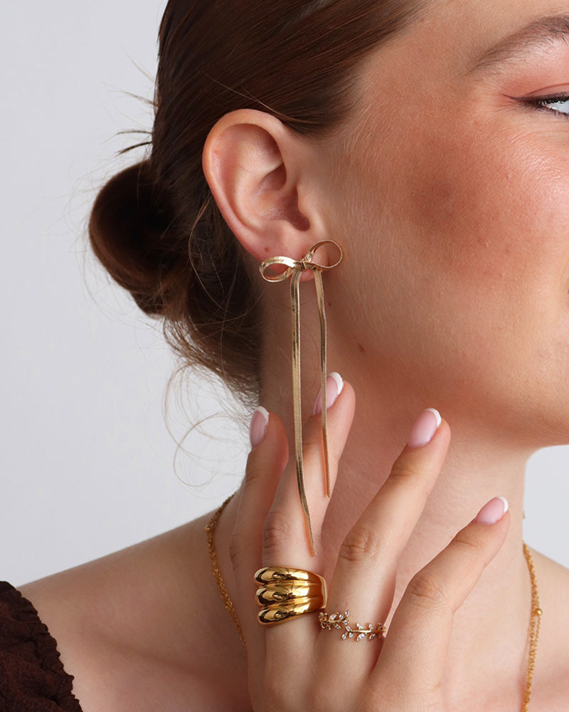 Bow Ribbon Earrings - Gold